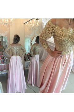 Long Sleeves Off-the-Shoulder Gold Beaded Lace Pink Prom Evening Formal Dresses 3020075