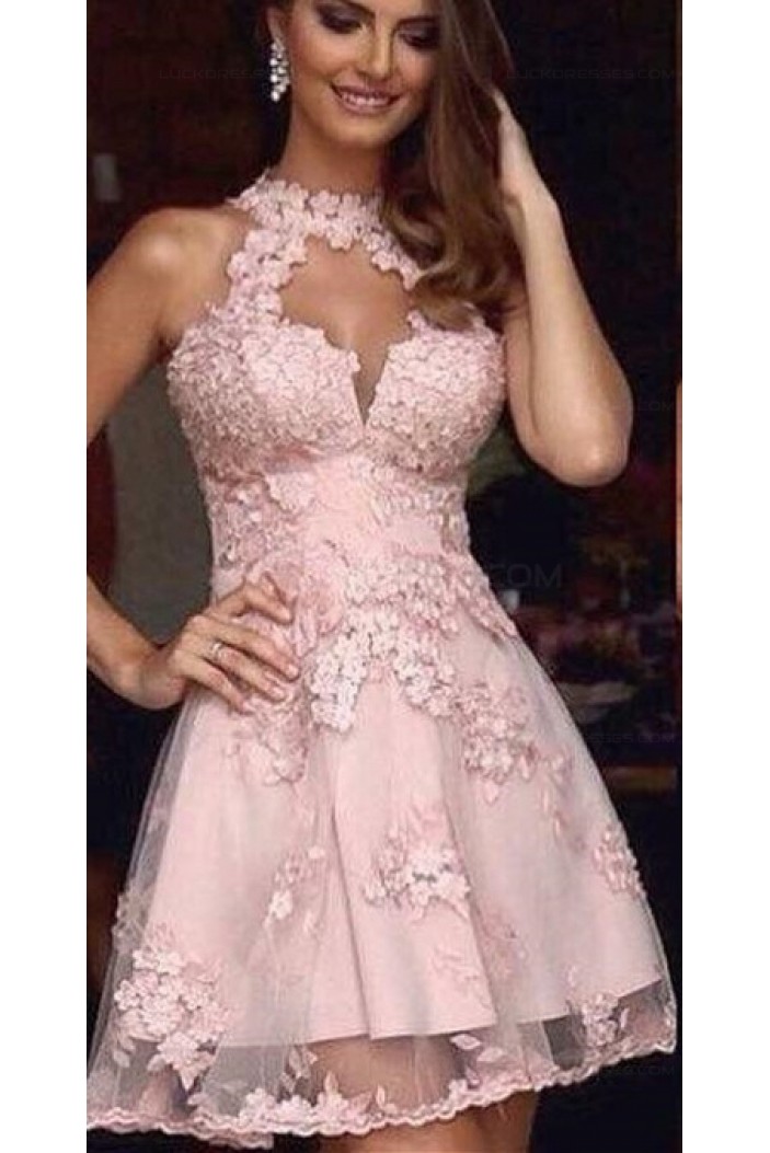 A-Line Short Pink Lace Prom Evening Cocktail Homecoming Dresses 3020085