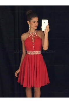 A-Line Short Beaded Chiffon Red Prom Evening Cocktail Homecoming Dresses 3020086