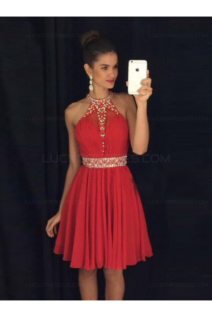 A-Line Short Beaded Chiffon Red Prom Evening Cocktail Homecoming Dresses 3020086