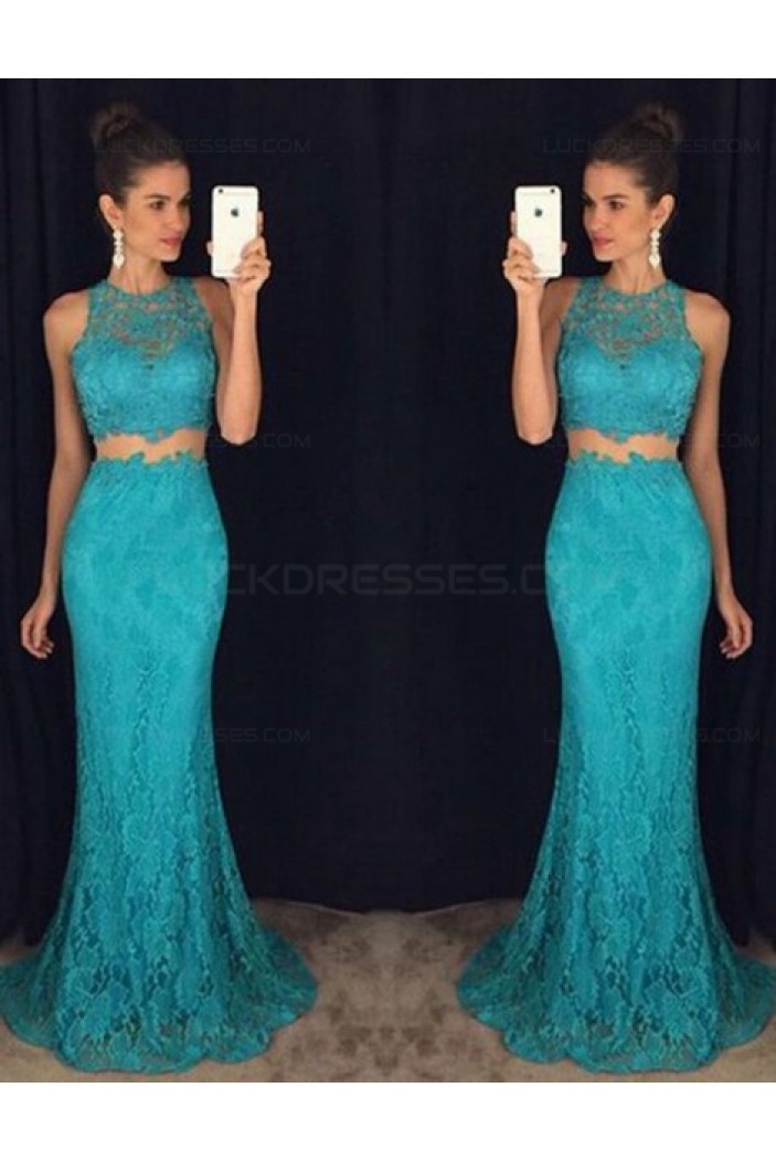 Trumpet/Mermaid Two Pieces Long Blue Lace Prom Evening Formal Dresses 3020103