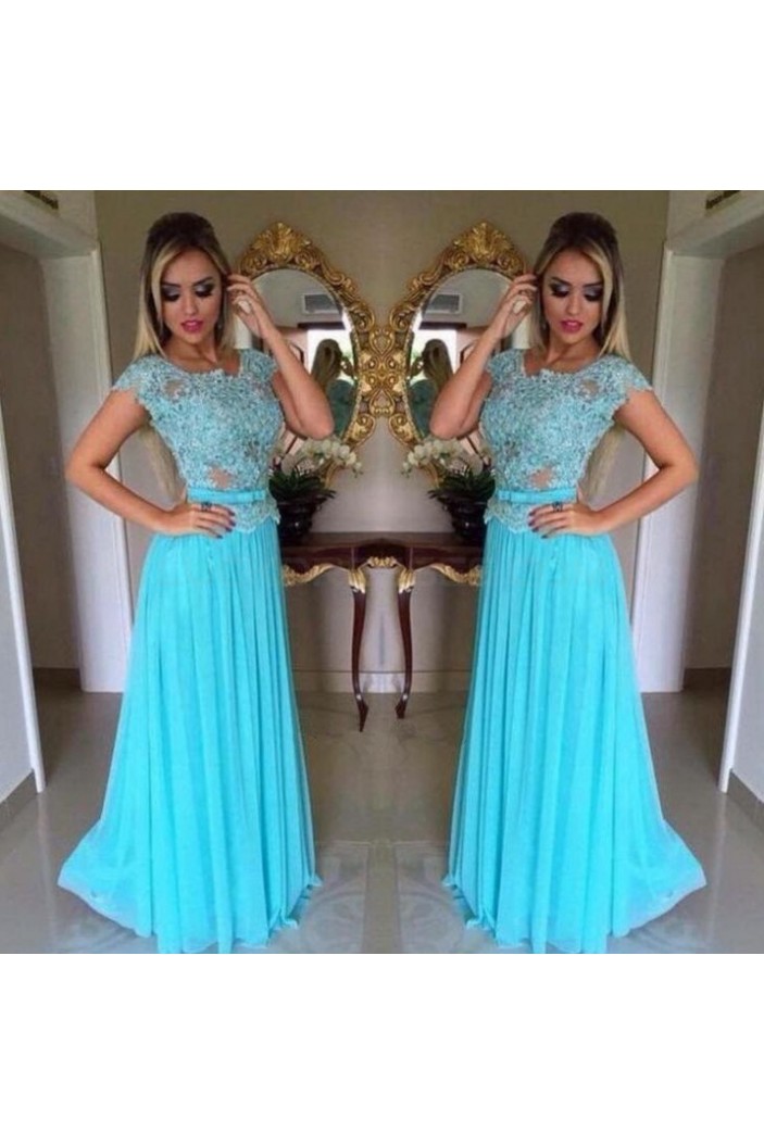 Long Blue Lace Appliques and Chiffon Prom Formal Evening Party Dresses 3021030