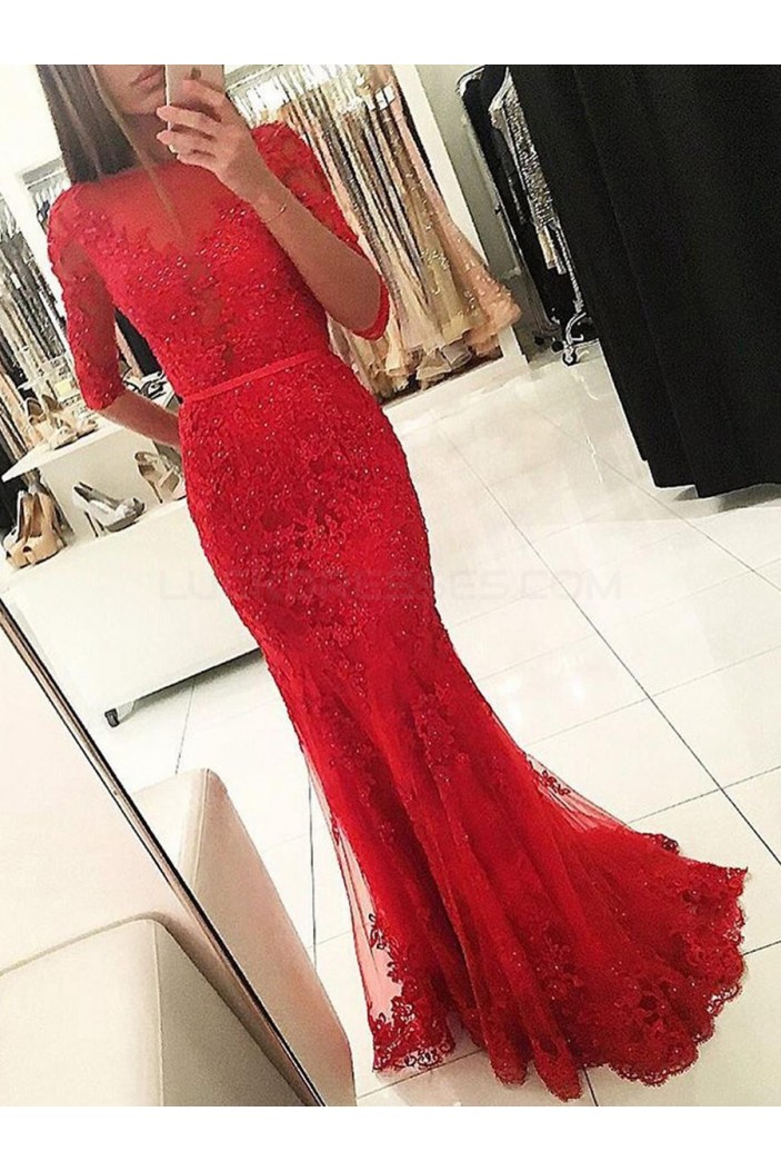Long Red Beaded Lace Mermaid Prom Formal Evening Party Dresses 3021050