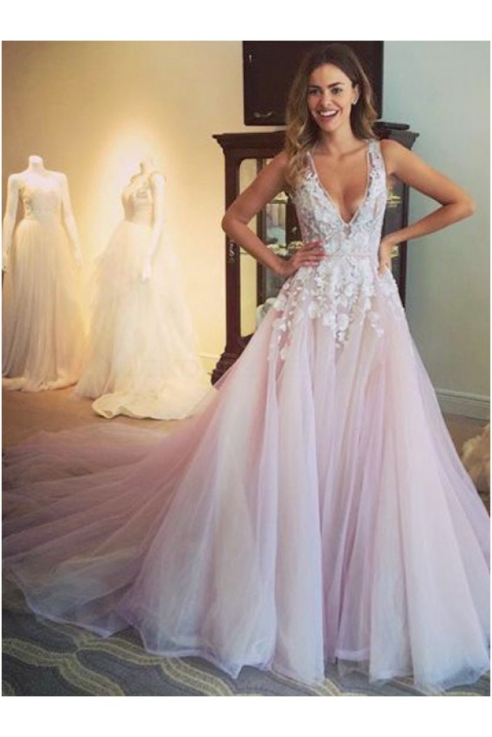 Elegant Lace V-Neck Long Prom Formal Evening Party Dresses 3021054