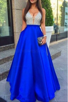 A-Line Silver Sequins Blue Satin Long Prom Evening Formal Dresses 3020107