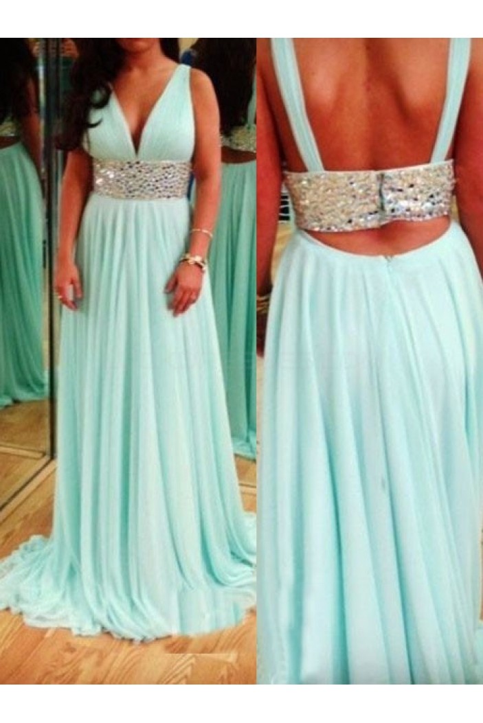 Beaded V-Neck Chiffon Long Prom Formal Evening Party Dresses 3021070