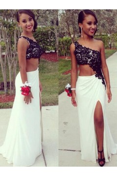 Black Lace White One-Shoulder Long Prom Formal Evening Party Dresses 3021089