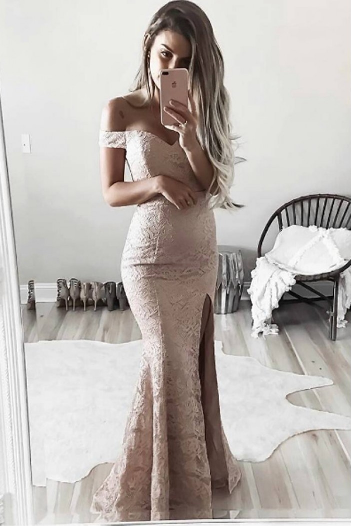 Classic Lace Mermaid Off-the-Shoulder Long Prom Formal Evening Party Dresses 3021090