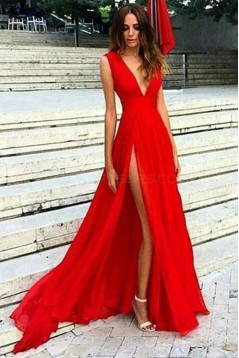 Long Red Deep V-Neck Prom Formal Evening Party Dresses 3021096