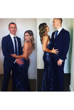 Long Blue Mermaid Sequins V-Neck Prom Formal Evening Party Dresses 3021111
