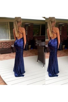 Long Blue Mermaid Sequins V-Neck Prom Formal Evening Party Dresses 3021111