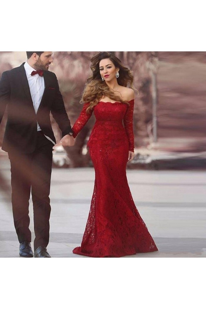 Long Sleeves Mermaid Off-the-Shoulder Lace Prom Formal Evening Party Dresses 3021112