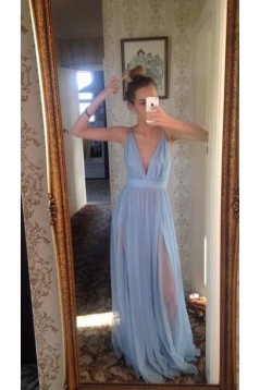 Long Blue V-Neck Prom Formal Evening Party Dresses 3021154