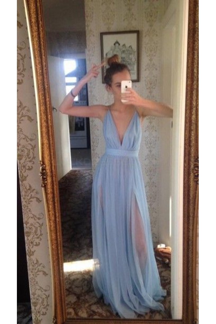 Long Blue V-Neck Prom Formal Evening Party Dresses 3021154