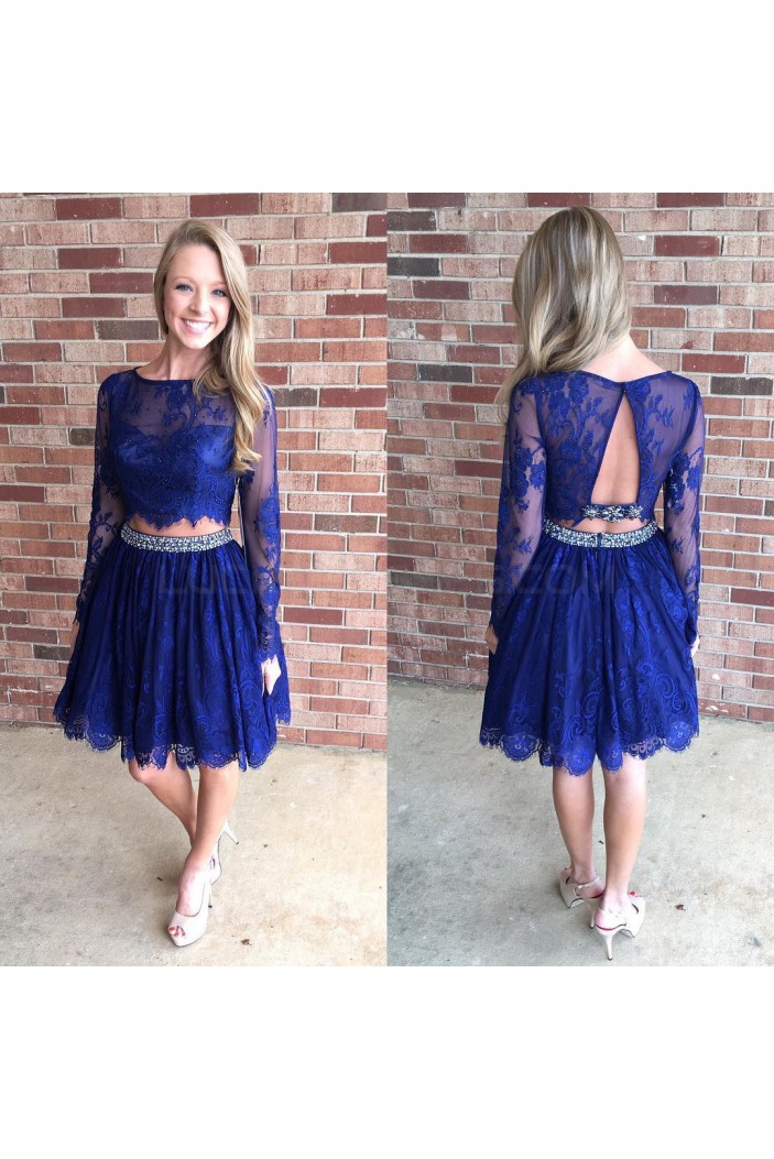 Beaded Lace Two Pieces Long Sleeves Prom Formal Evening Party Dresses 3021162