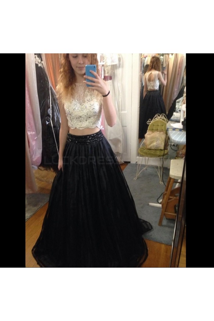 Beaded Lace Two Pieces Black White Prom Formal Evening Party Dresses 3021163