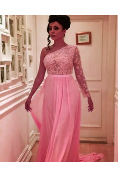 Long Chiffon One Sleeves Lace Prom Formal Evening Party Dresses 3021167