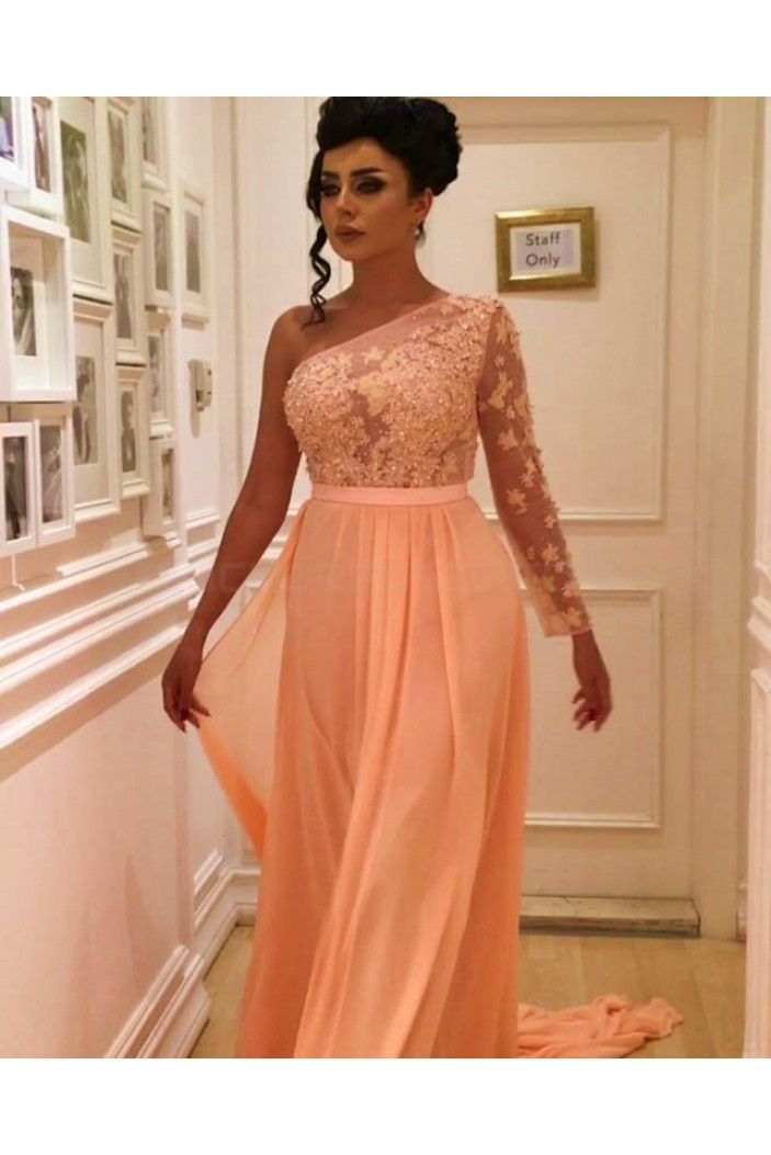 Long Chiffon One Sleeves Lace Prom Formal Evening Party Dresses 3021167