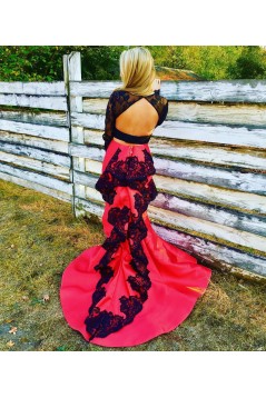 Mermaid Long Sleeves Lace Black White Prom Formal Evening Party Dresses 3021169