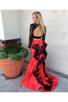 Mermaid Long Sleeves Lace Black White Prom Formal Evening Party Dresses 3021169