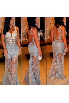 Long Silver Lace Prom Formal Evening Party Dresses 3021171