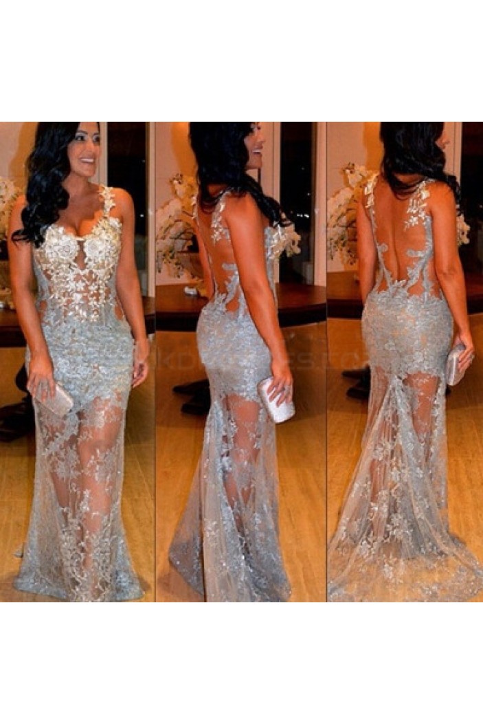 Long Silver Lace Prom Formal Evening Party Dresses 3021171