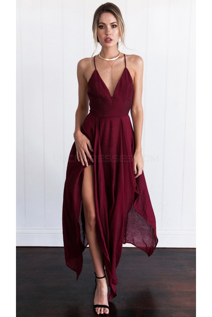 Asymmetrical Spaghetti Straps V-Neck Chiffon Prom Formal Evening Party Dresses 3021176
