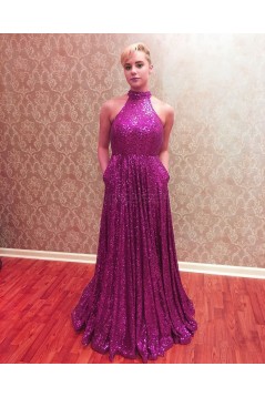 High Neck Sequins Long Prom Formal Evening Party Dresses 3021177