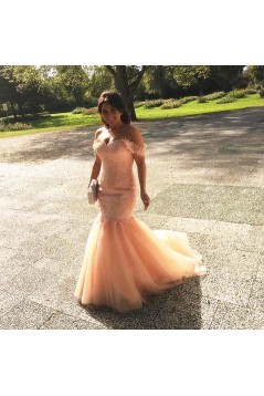 Mermaid Off-the-Shoulder Lace Tulle Long Pink Prom Formal Evening Party Dresses 3021179