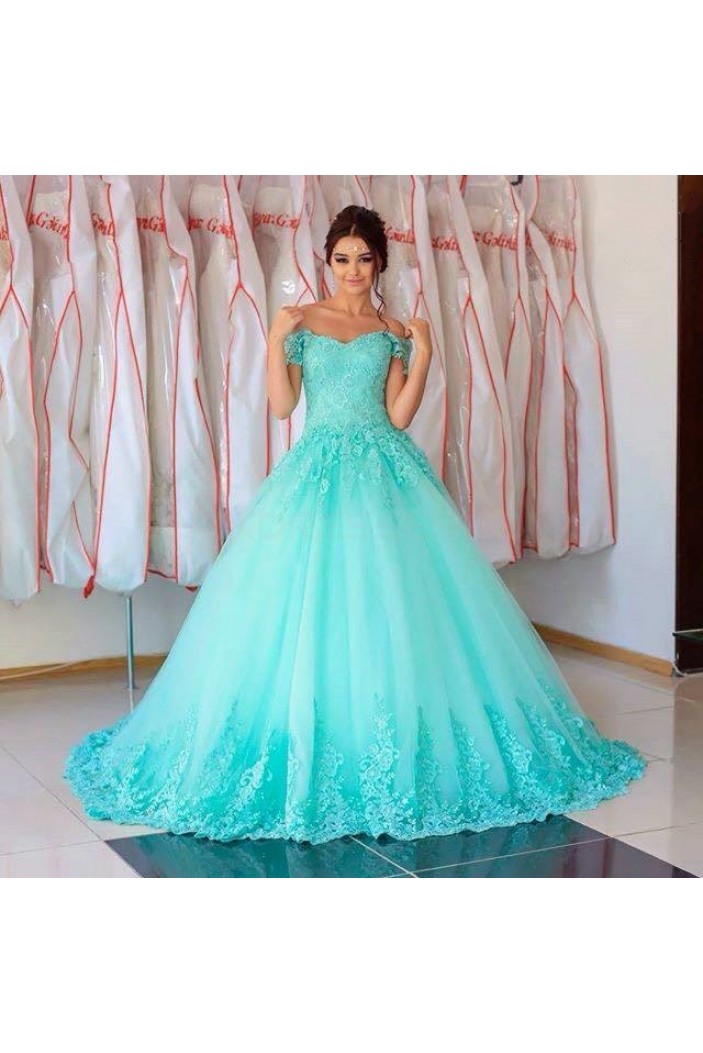 Ball Gown Blue Lace Off-the-Shoulder Long Prom Formal Evening Party Dresses 3021185