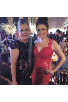 Sexy Deep V-Back Mermaid Lace Long Red Prom Formal Evening Party Dresses 3021240