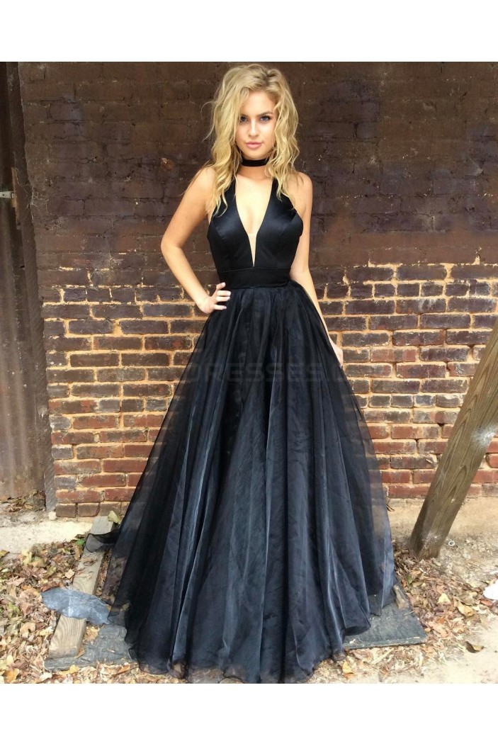 Long Black V-Neck Prom Formal Evening Party Dresses 3021242