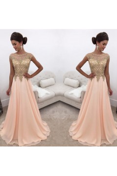 A-Line Gold Lace Appliques Chiffon Prom Formal Evening Party Dresses 3021244