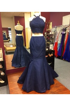 Mermaid Two Pieces Lace Navy Blue Prom Formal Evening Party Dresses 3021286