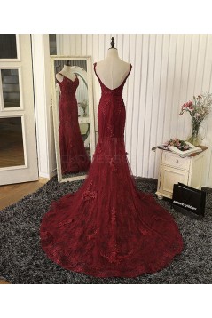Mermaid Burgundy Lace V-Neck Long Prom Formal Evening Party Dresses 3021319