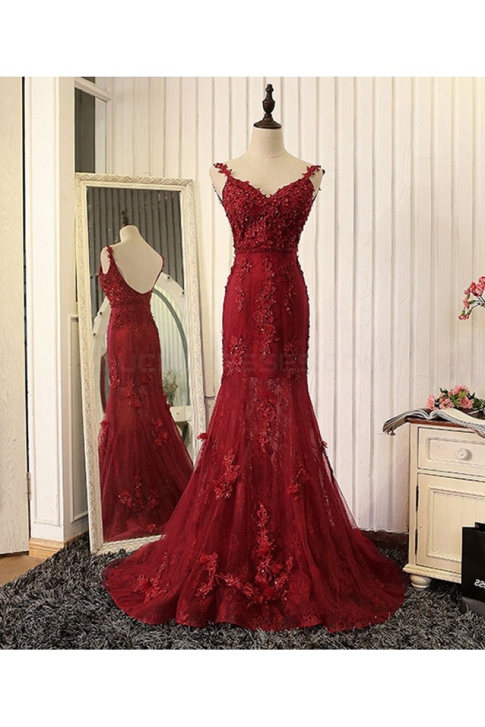 Mermaid Burgundy Lace V-Neck Long Prom Formal Evening Party Dresses 3021319