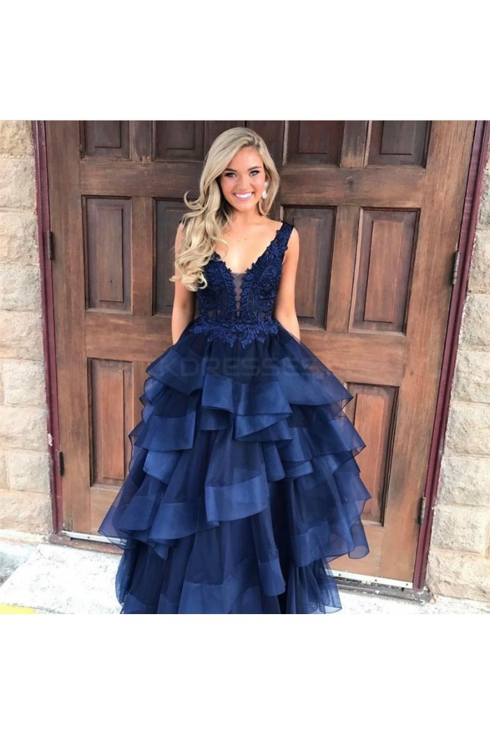 Long Navy Blue Lace V-Neck Prom Formal Evening Party Dresses 3021322