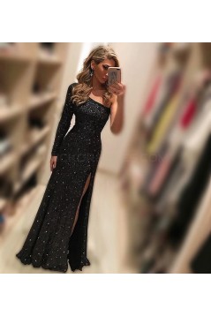 Long Black One-Sleeves Sequins Prom Formal Evening Party Dresses 3021329