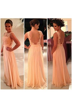 A-Line Chiffon Lace See Through Back Long Prom Evening Formal Dresses 3020133
