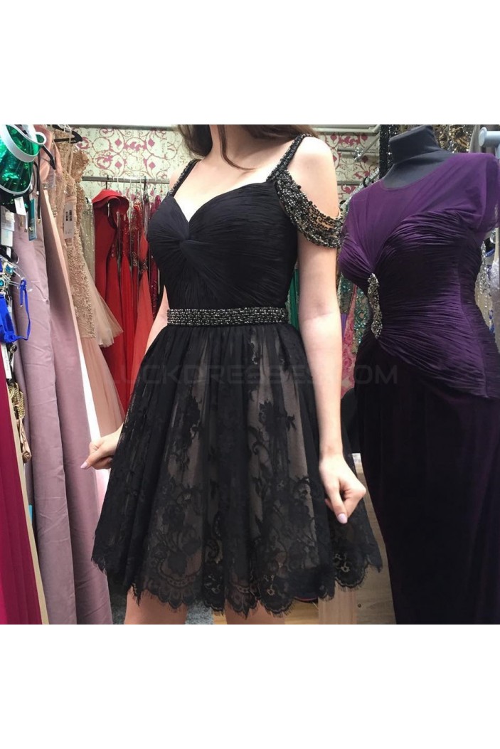 Beaded Short Black Lace Prom Homecoming Cocktail Graduation Dresses 3021339