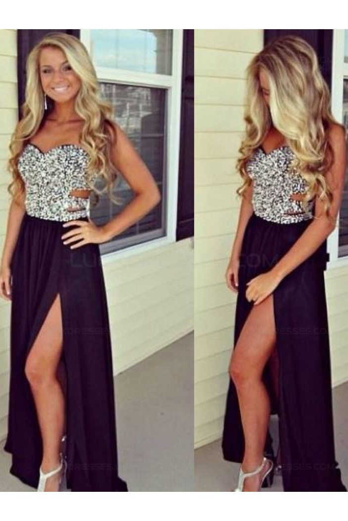 Grape Purple Sequins Chiffon Split Long Prom Evening Formal Dresses 3020134