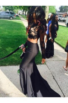 Black Two Pieces Long Sleeves Lace Top Long Prom Evening Formal Dresses 3020137