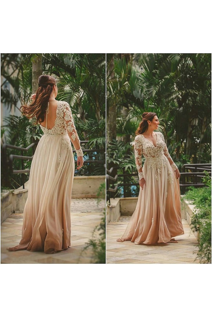 Long Sleeves Lace V-Neck Prom Formal Evening Party Dresses 3021379