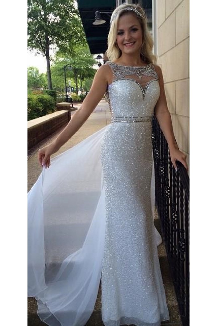 Beaded Sequins Long White Prom Evening Formal Dresses 3020138