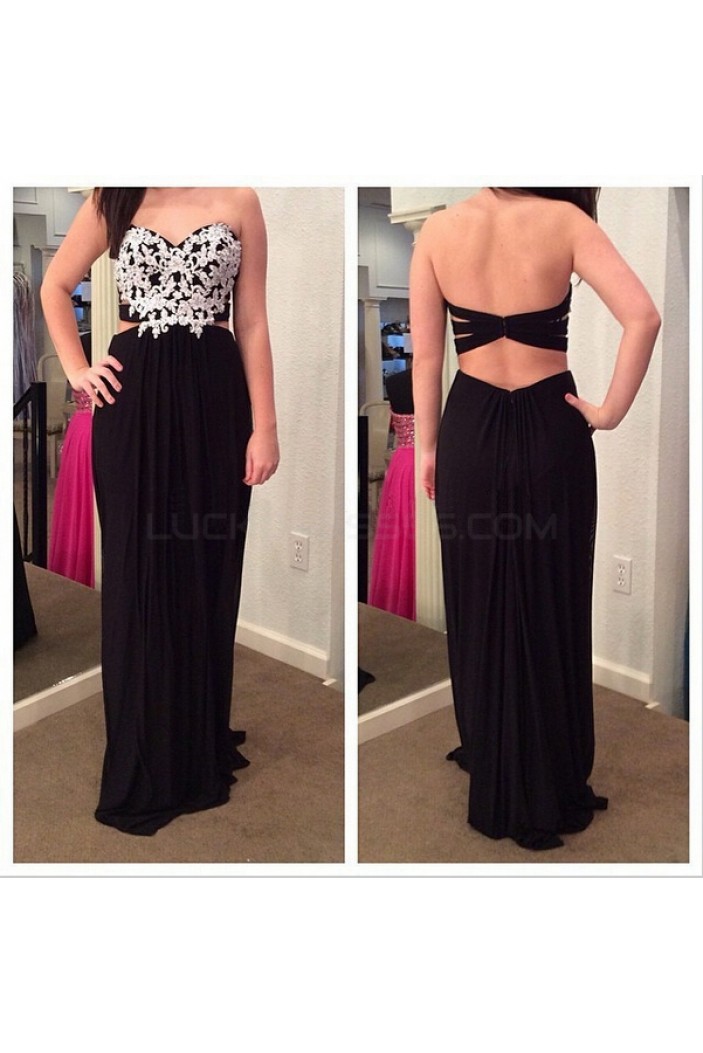 Sheath Long Black Chiffon White Lace Prom Formal Evening Party Dresses 3021394