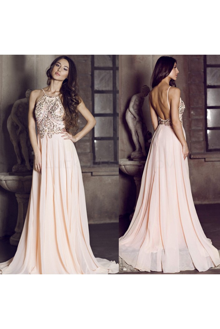 A-Line Beaded Spaghetti Straps Long Chiffon Prom Formal Evening Party Dresses 3021400