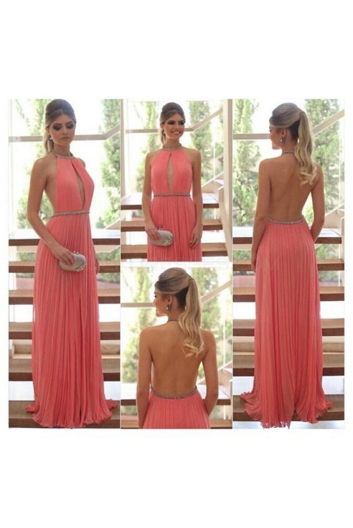 Sexy Halter Backless Chiffon Beaded Prom Formal Evening Party Dresses 3021411