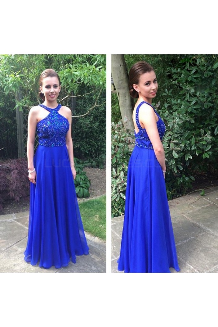 A-Line Long Blue Beaded Prom Formal Evening Party Dresses 3021416