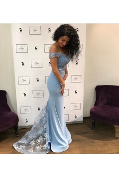 Mermaid Off-the-Shoulder Lace Long Blue Prom Formal Evening Party Dresses 3021451