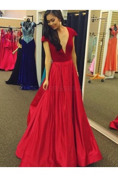 A-Line Long Red V-Neck Cap Sleeves Prom Formal Evening Party Dresses 3021462